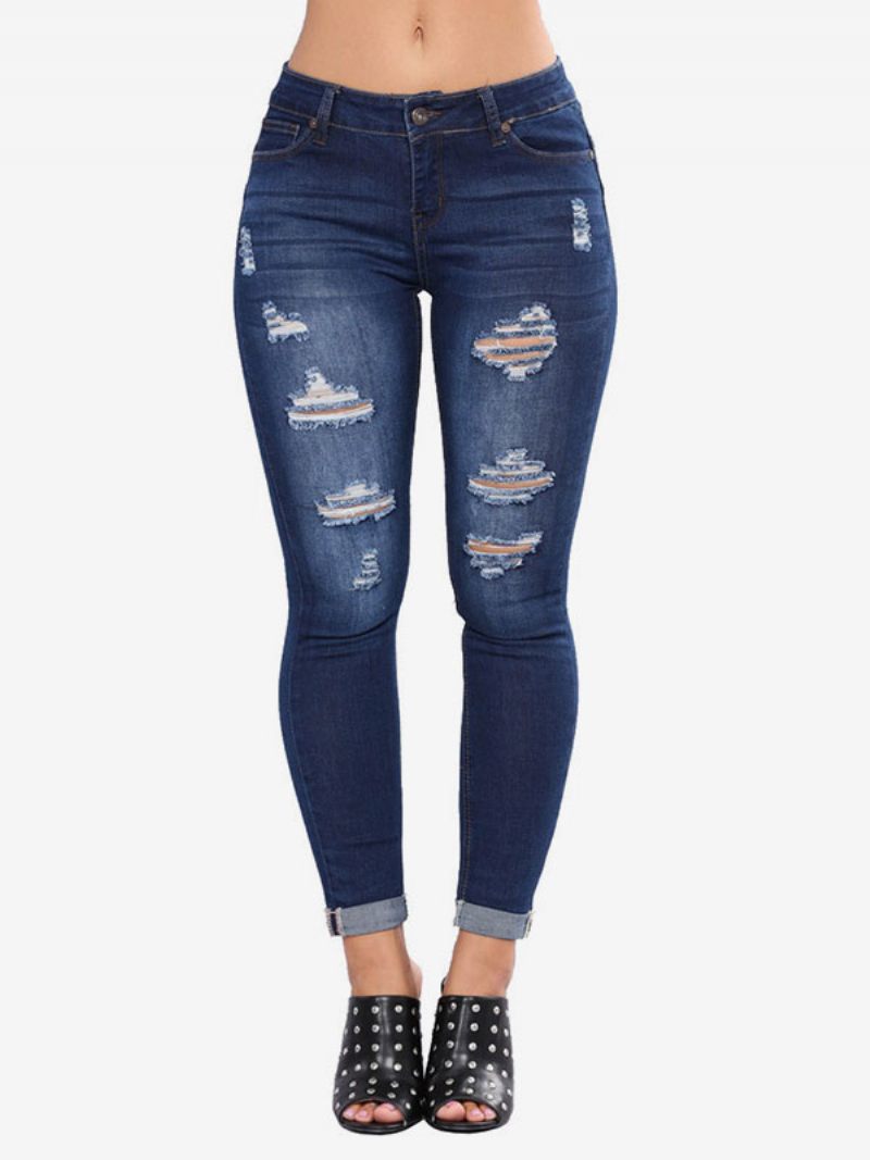 Jeans Pour Femmes Bas Coton Skinny Moderne Détresse - Bleu Profond