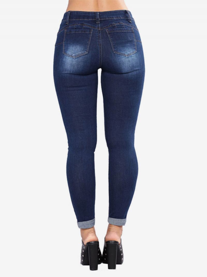 Jeans Pour Femmes Bas Coton Skinny Moderne Détresse - Bleu Profond