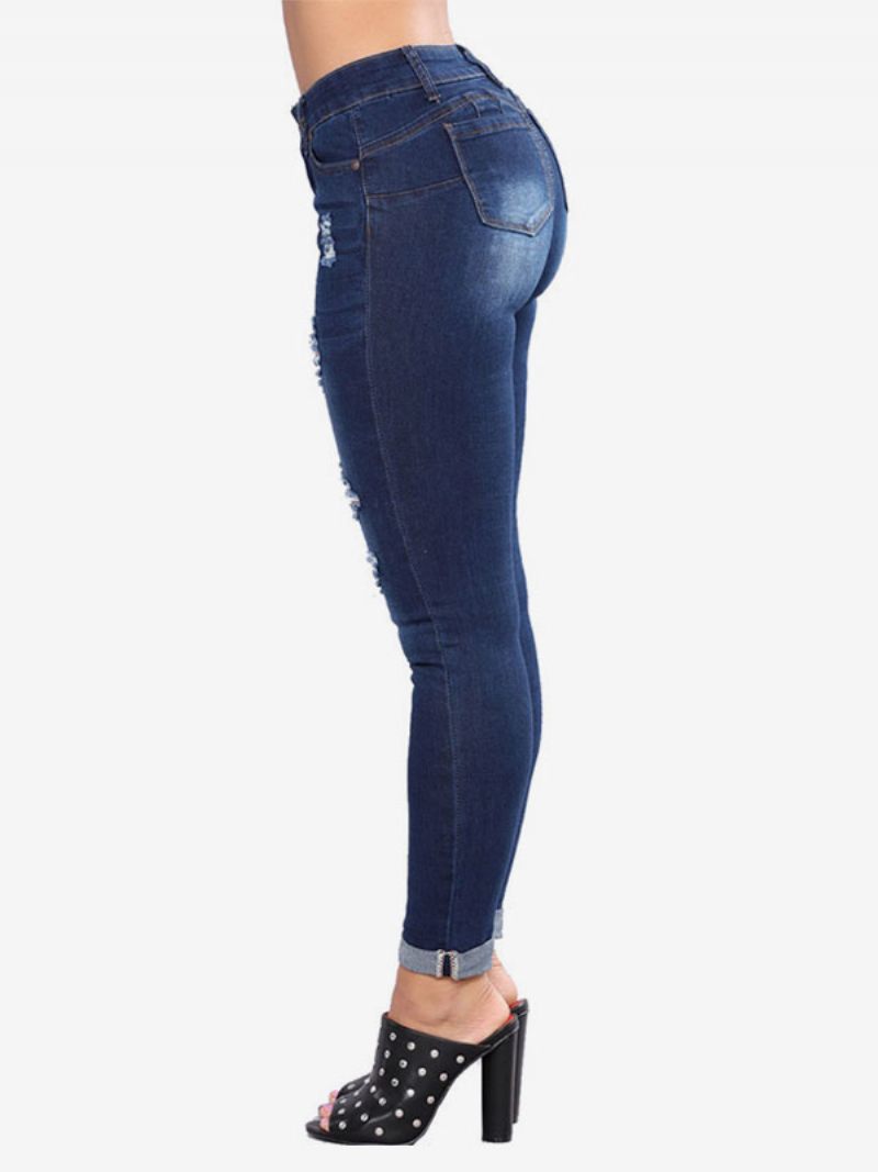 Jeans Pour Femmes Bas Coton Skinny Moderne Détresse - Bleu Profond