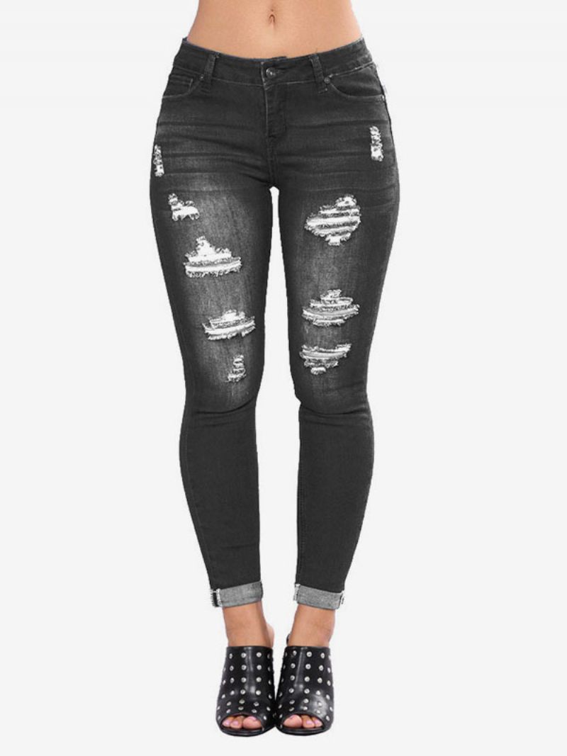 Jeans Pour Femmes Bas Coton Skinny Moderne Détresse - Noir