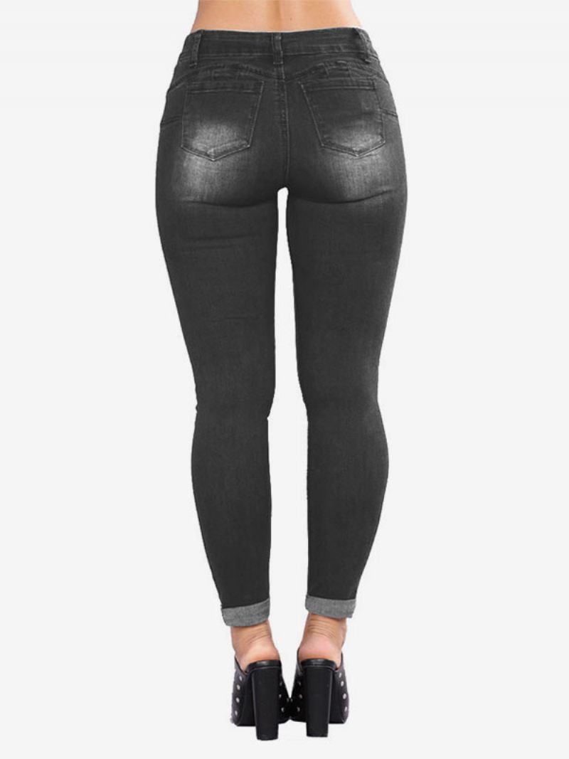 Jeans Pour Femmes Bas Coton Skinny Moderne Détresse - Noir