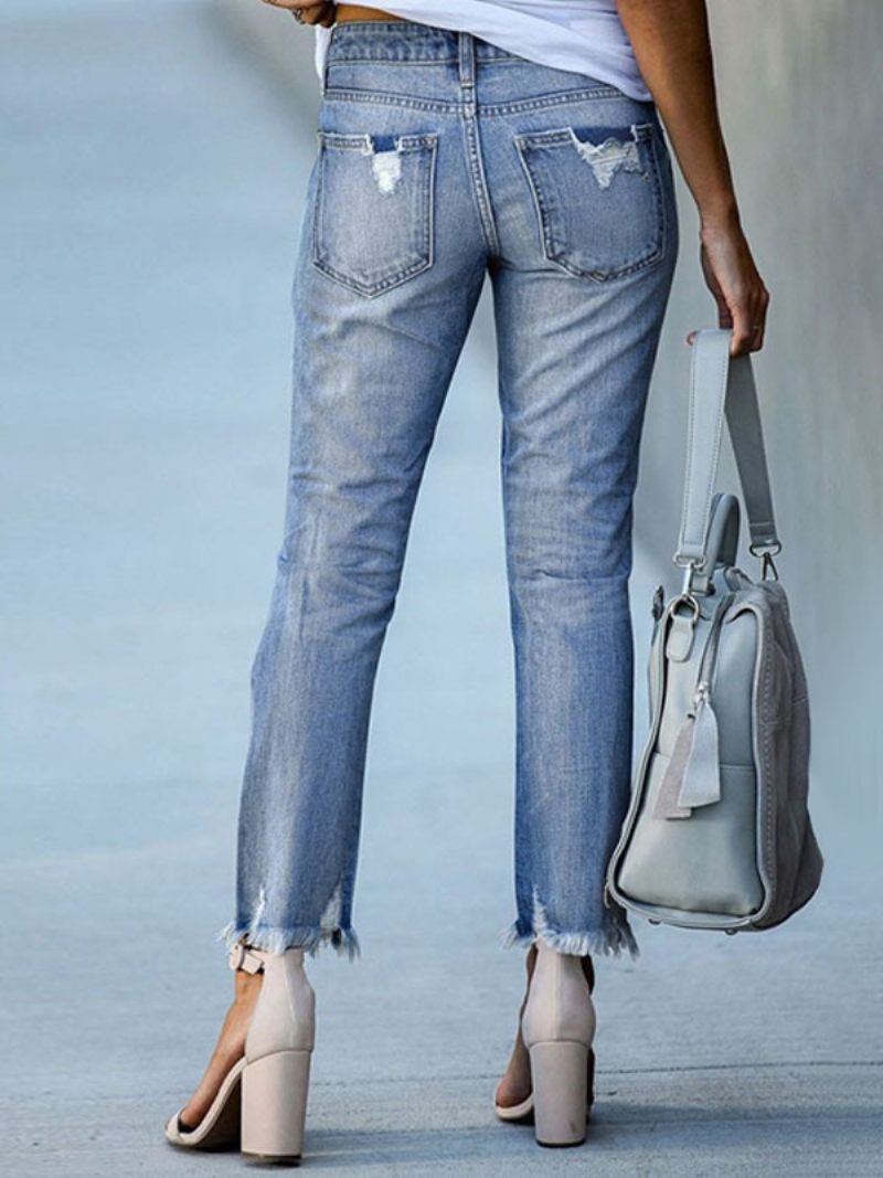 Jeans Pour Femmes Modernes Détresse Maigre Polyester - Bleu Ciel Clair