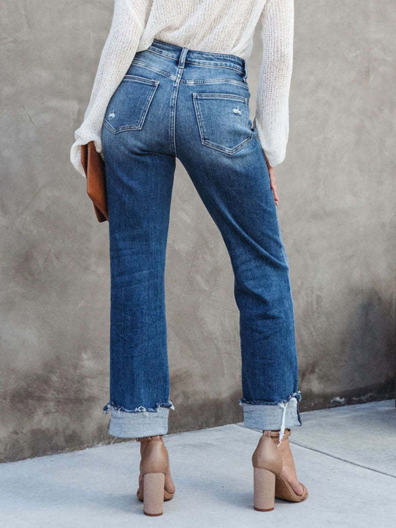 Pantalon Court Denim Avec Braguette Boutonnée Jean Droit Couleur Unie Pour Femme - Bleu