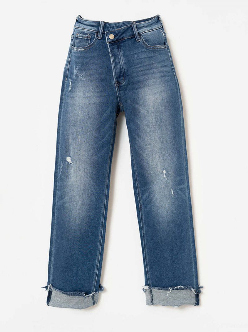 Pantalon Court Denim Avec Braguette Boutonnée Jean Droit Couleur Unie Pour Femme - Bleu