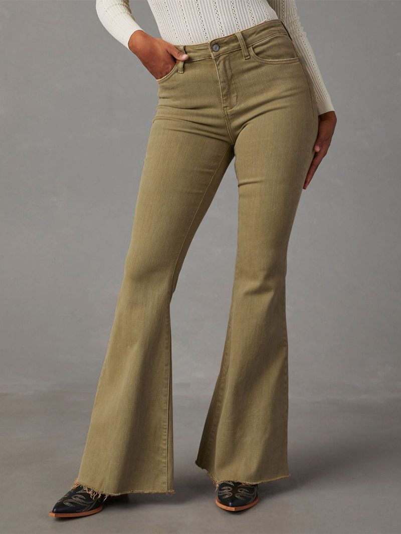 Pantalon Évasé Taille Haute Avec Fermeture Éclair Jean Couleur Unie Pour Femme