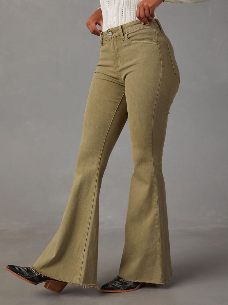 Pantalon Évasé Taille Haute Avec Fermeture Éclair Jean Couleur Unie Pour Femme - Chameau