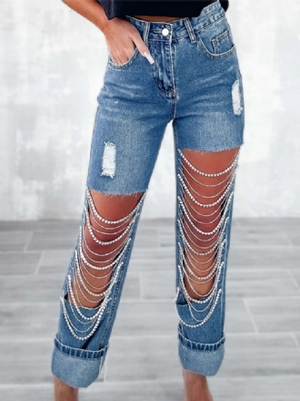 Pantalon Jean À Franges Pour Femmes Chaînes Taille Haute Asymétrique Soirée Denim