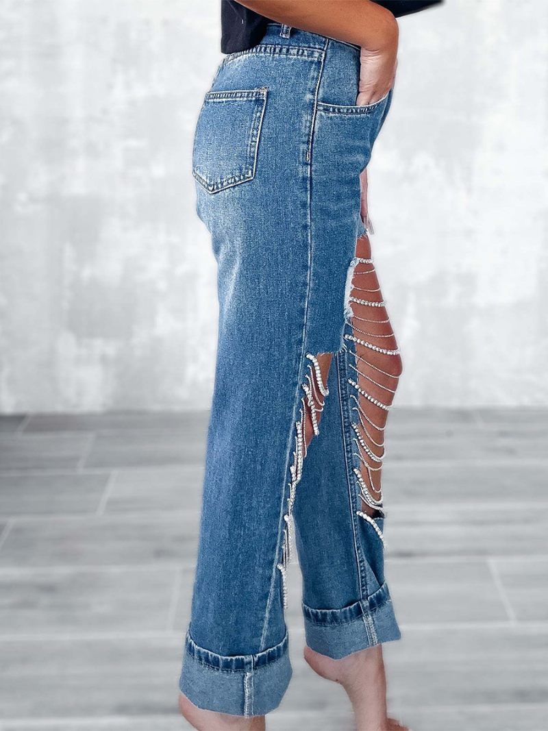 Pantalon Jean À Franges Pour Femmes Chaînes Taille Haute Asymétrique Soirée Denim - Bleu