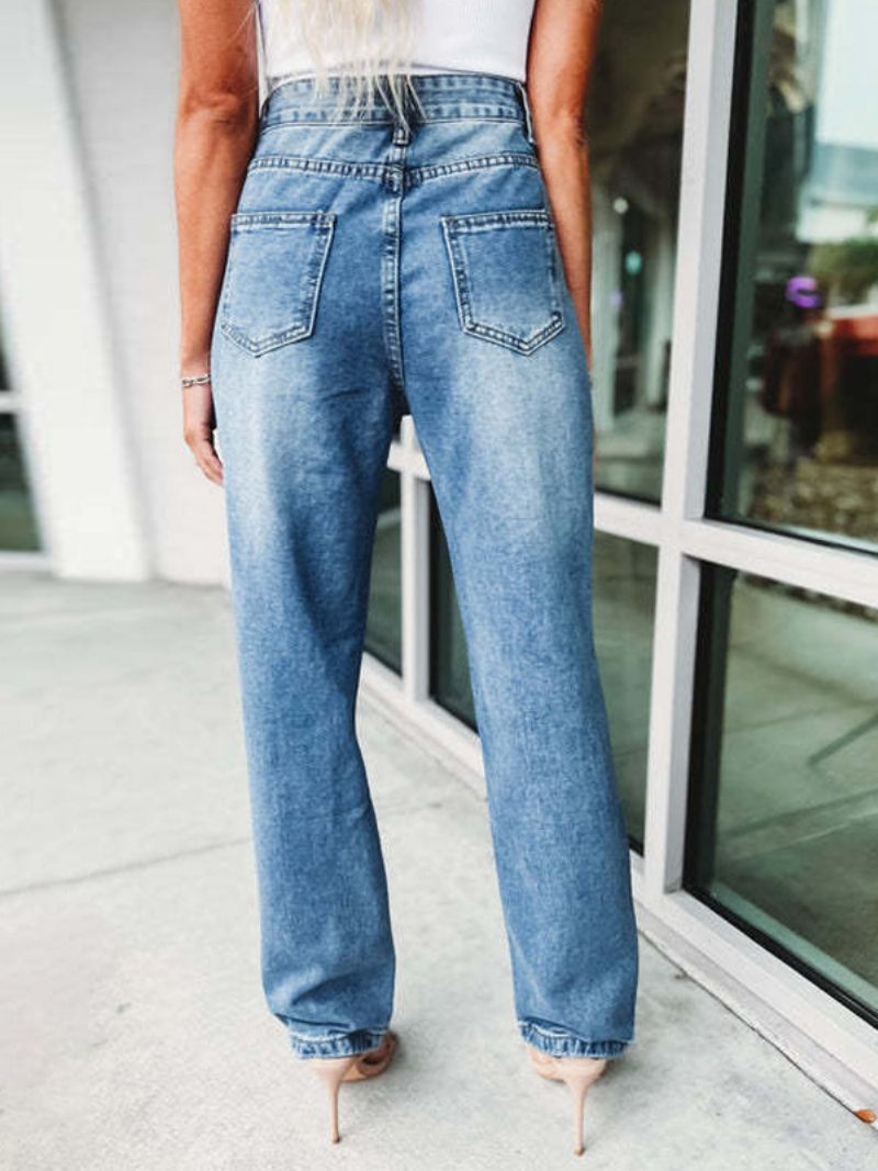 Pantalon Jean À Franges Pour Femmes Chaînes Taille Haute Asymétrique Soirée Denim - Bleu