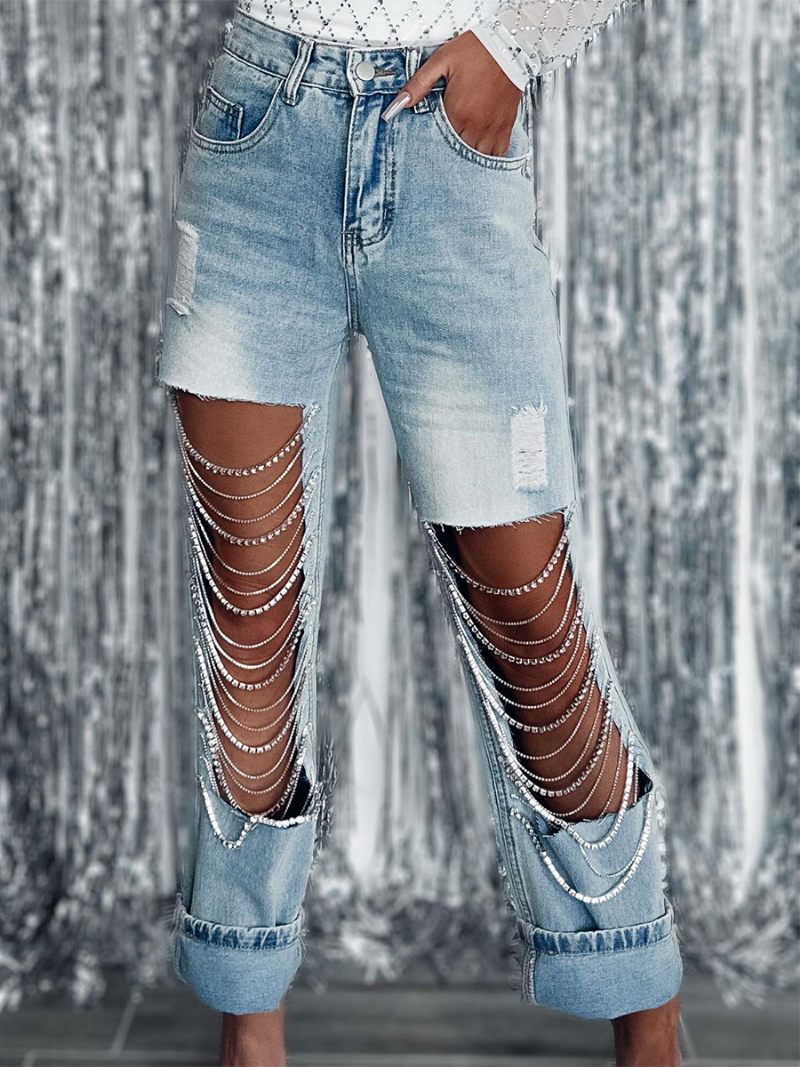 Pantalon Jean À Franges Pour Femmes Chaînes Taille Haute Asymétrique Soirée Denim - Bleu Ciel Clair