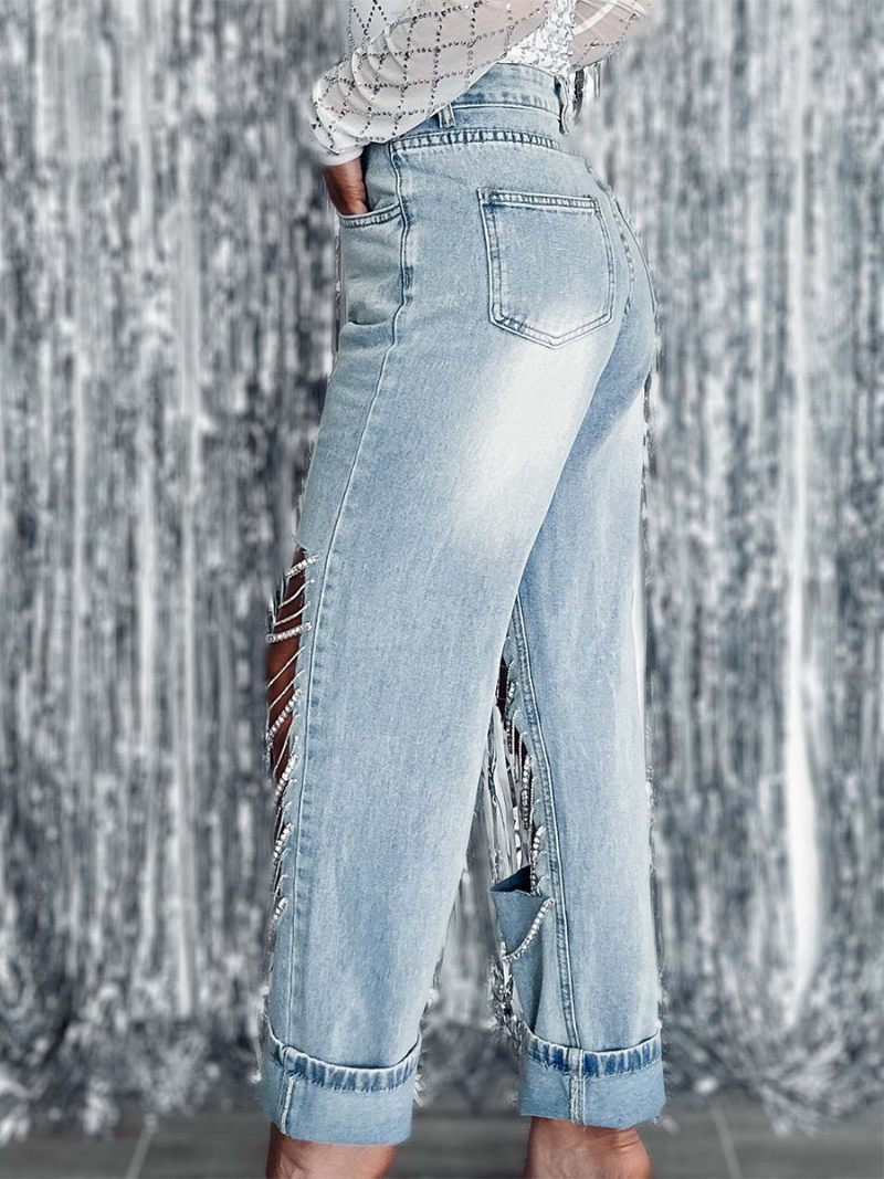 Pantalon Jean À Franges Pour Femmes Chaînes Taille Haute Asymétrique Soirée Denim - Bleu Ciel Clair