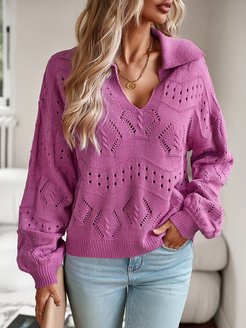 Femmes Hauts Pullover Noir Col Rabattu Manches Longues Pulls - Violet