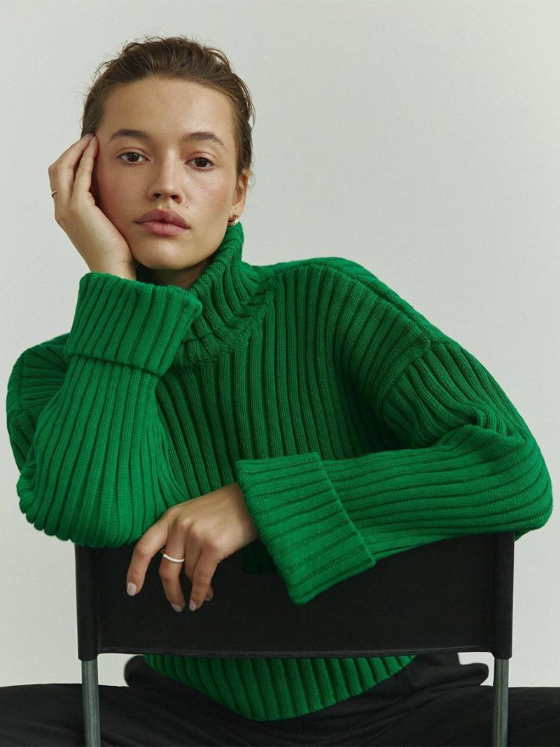 Pull À Col Polo Et Épaules Tombantes Pulls Couleur Unie Pour Femmes - Vert