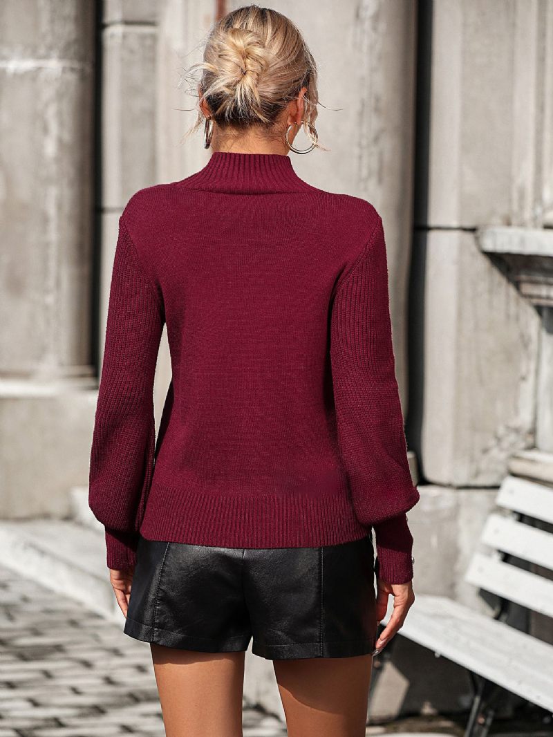 Pull Couleur Unie Pour Femmes Col Haut Manches Longues Boutons Manchette Côtelés - Bordeaux