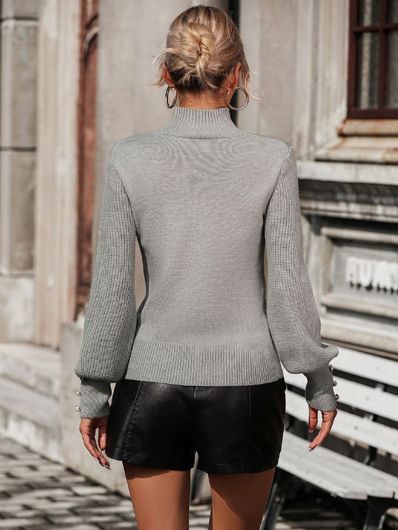 Pull Couleur Unie Pour Femmes Col Haut Manches Longues Boutons Manchette Côtelés - Gris