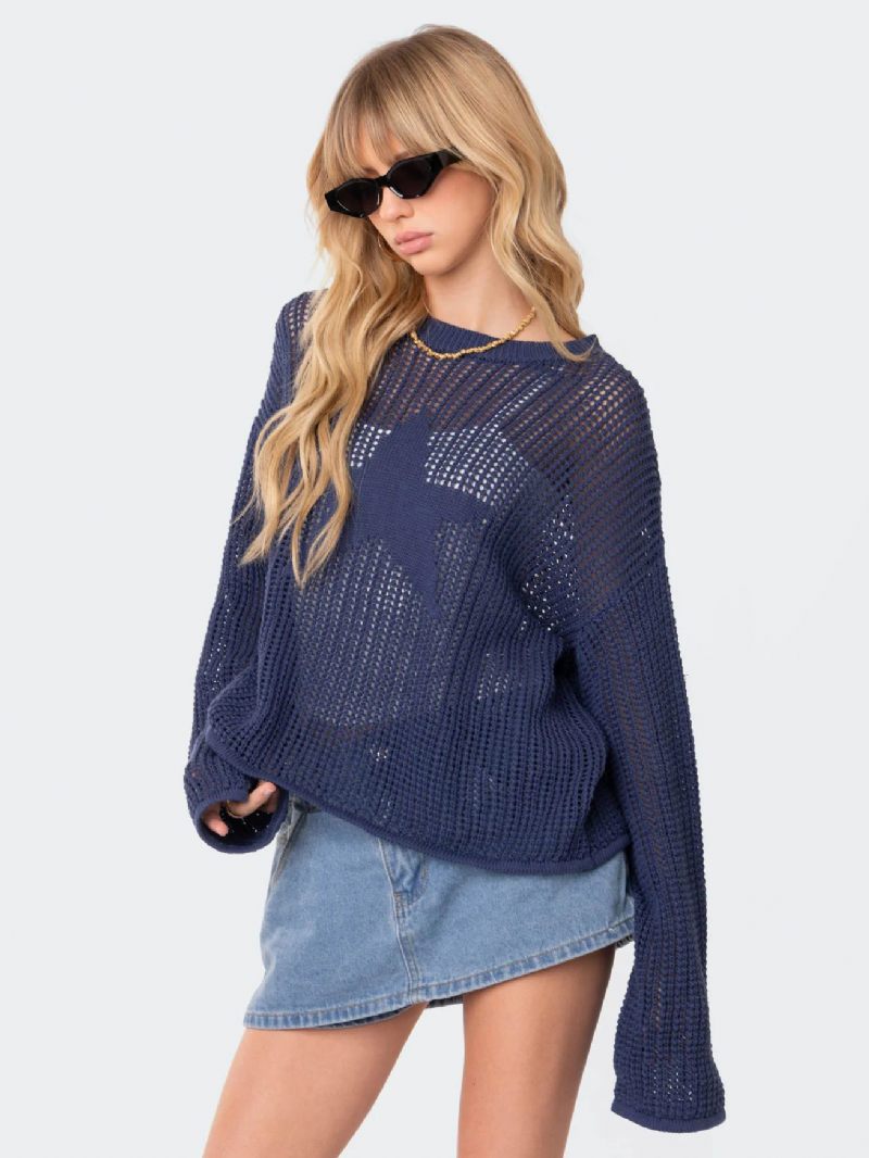 Pull Creux Étoile Col Rond Côtelé Pour Femme Jour - Bleu