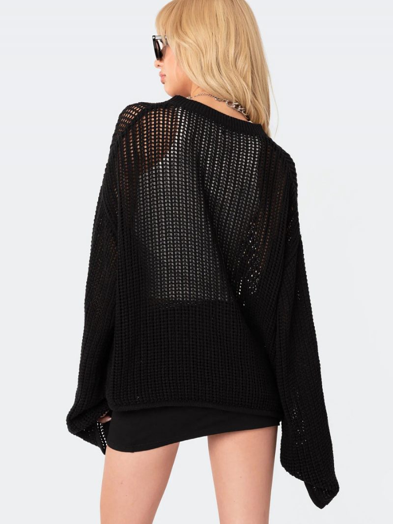 Pull Creux Étoile Col Rond Côtelé Pour Femme Jour - Noir