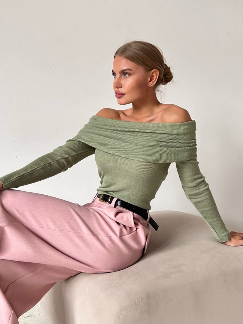 Pull À Épaules Dénudées Et Manches Longues Pour Femme Automne Hiver - Vert Clair