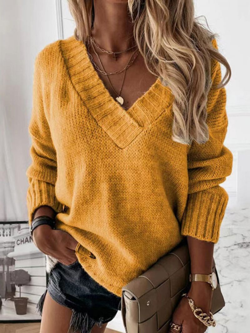 Pull Femme Abricot Col V Manches Longues Pulls Acrylique - Jaune