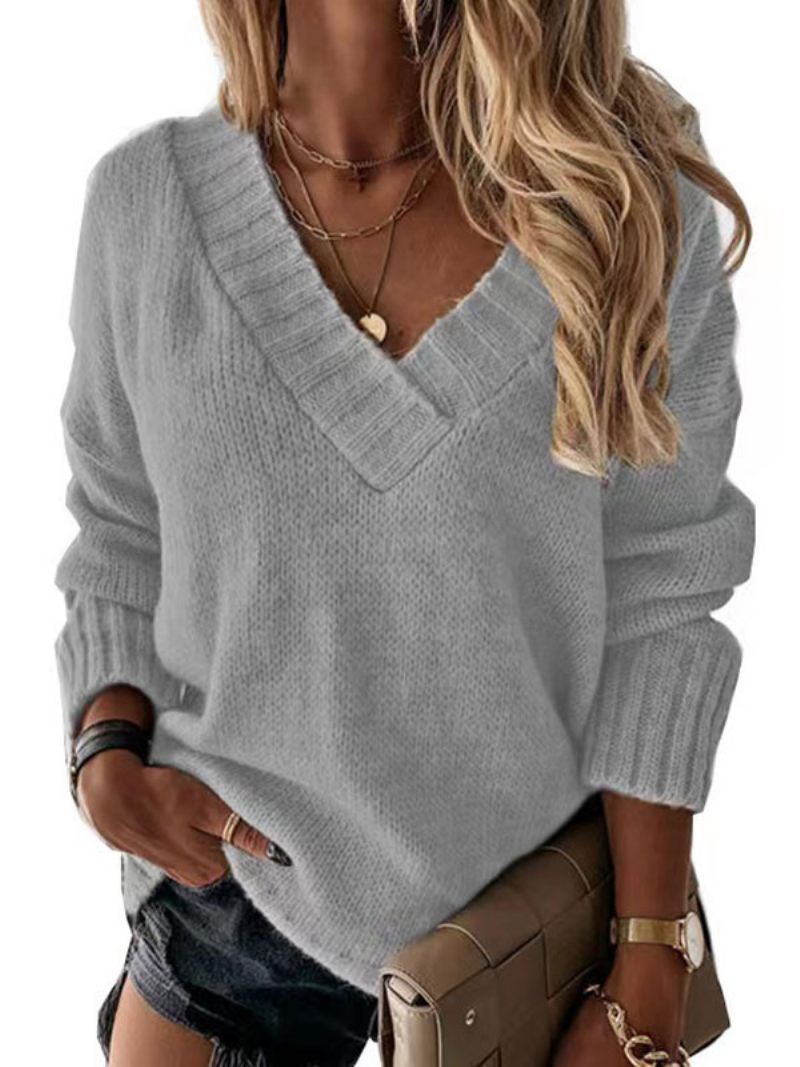 Pull Femme Abricot Col V Manches Longues Pulls Acrylique - Gris