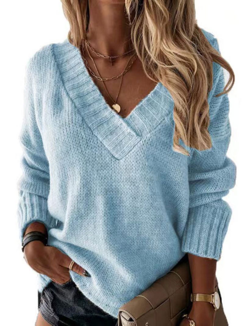 Pull Femme Abricot Col V Manches Longues Pulls Acrylique - Bleu