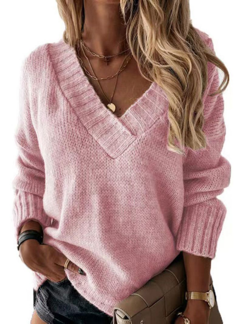 Pull Femme Abricot Col V Manches Longues Pulls Acrylique - Rose