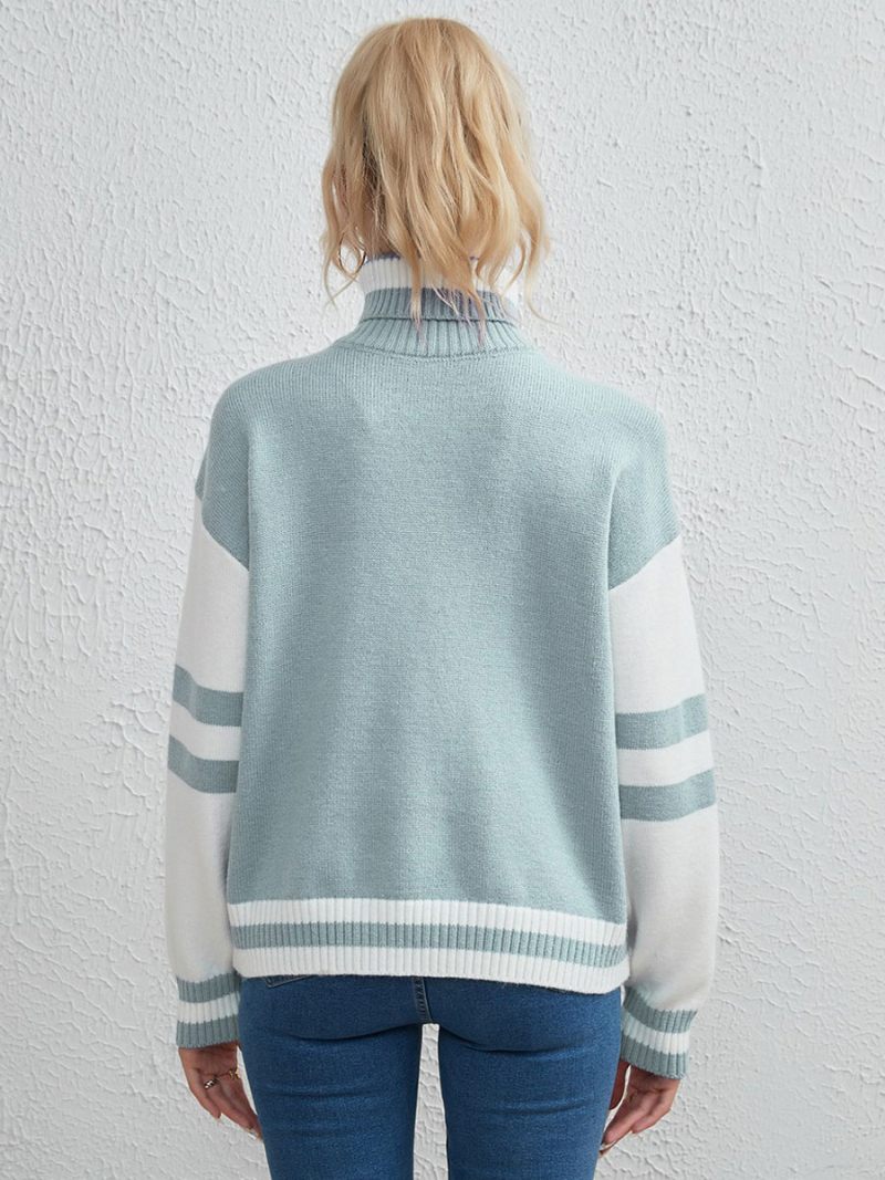 Pull Femme Bicolore Col Roulé Manches Longues Pulls - Bleu Ciel Clair