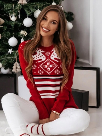 Pull Femme Col Rond Manches Longues Motif Noël Rouge