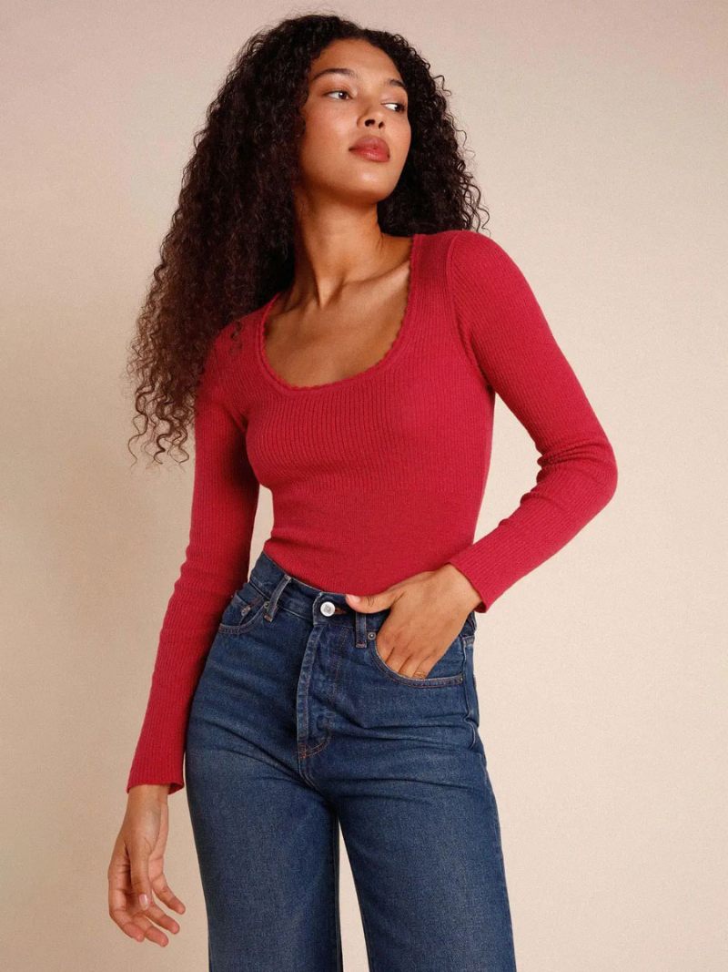 Pull Femme Gris Col Carré Manches Longues Pulls - Rouge