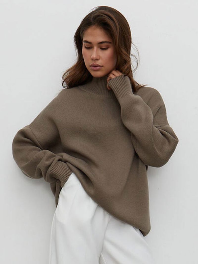 Pull Femme Vert Col Haut Manches Longues Pulls - Café Marron