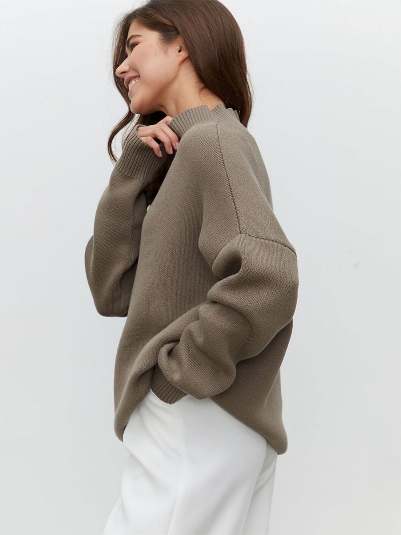 Pull Femme Vert Col Haut Manches Longues Pulls - Café Marron