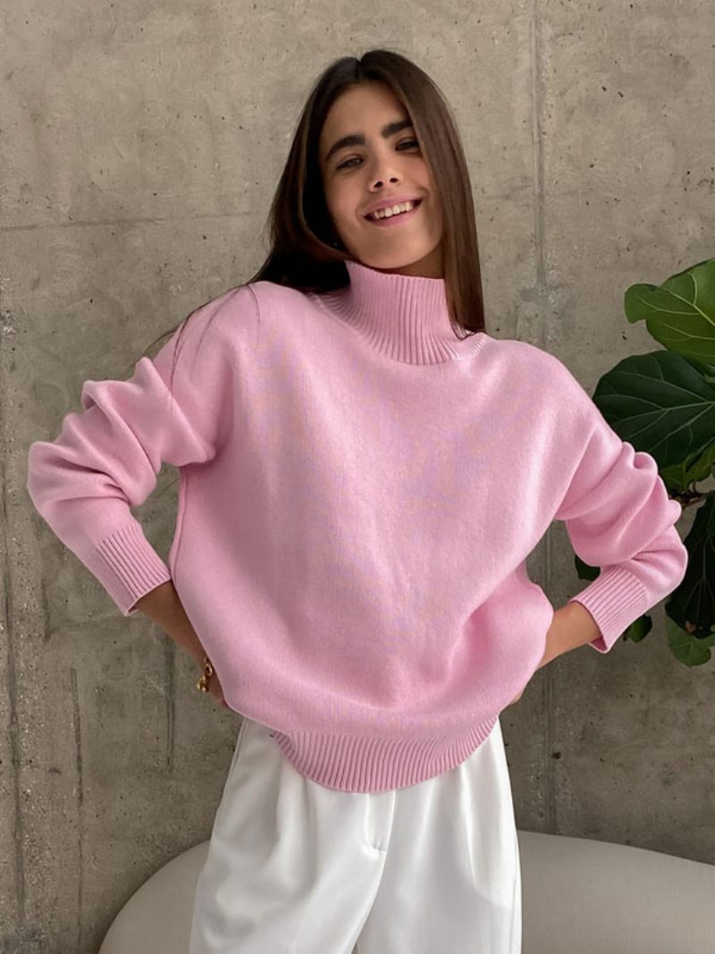 Pull Femme Vert Col Haut Manches Longues Pulls - Rose