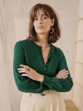 Pull Femme Vert Foncé Boutons Col Bijou Manches Longues Pulls Laine