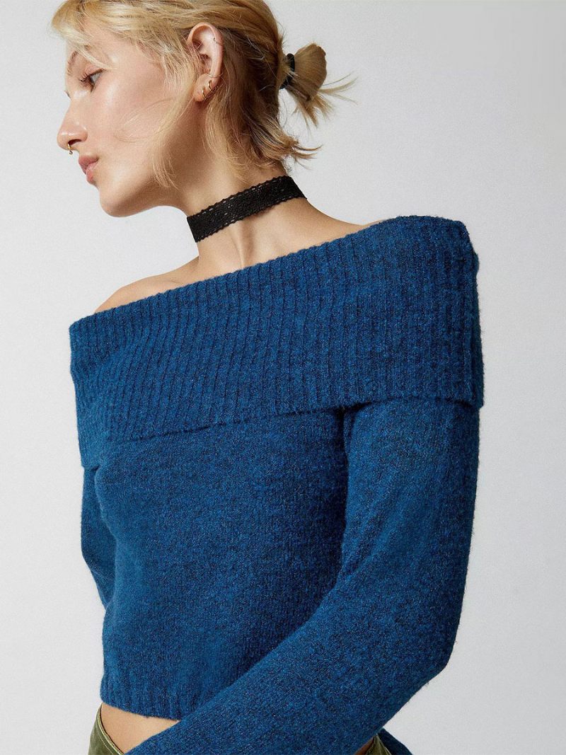 Pull Jersey Pour Femmes Épaules Dénudées Manches Longues Haut Court Côtelé - Bleu