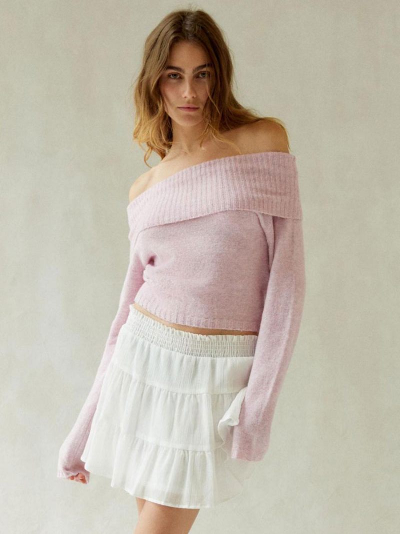 Pull Jersey Pour Femmes Épaules Dénudées Manches Longues Haut Court Côtelé - Rose