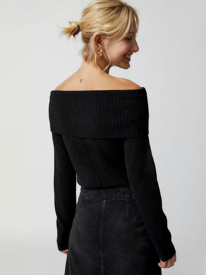 Pull Jersey Pour Femmes Épaules Dénudées Manches Longues Haut Court Côtelé - Noir