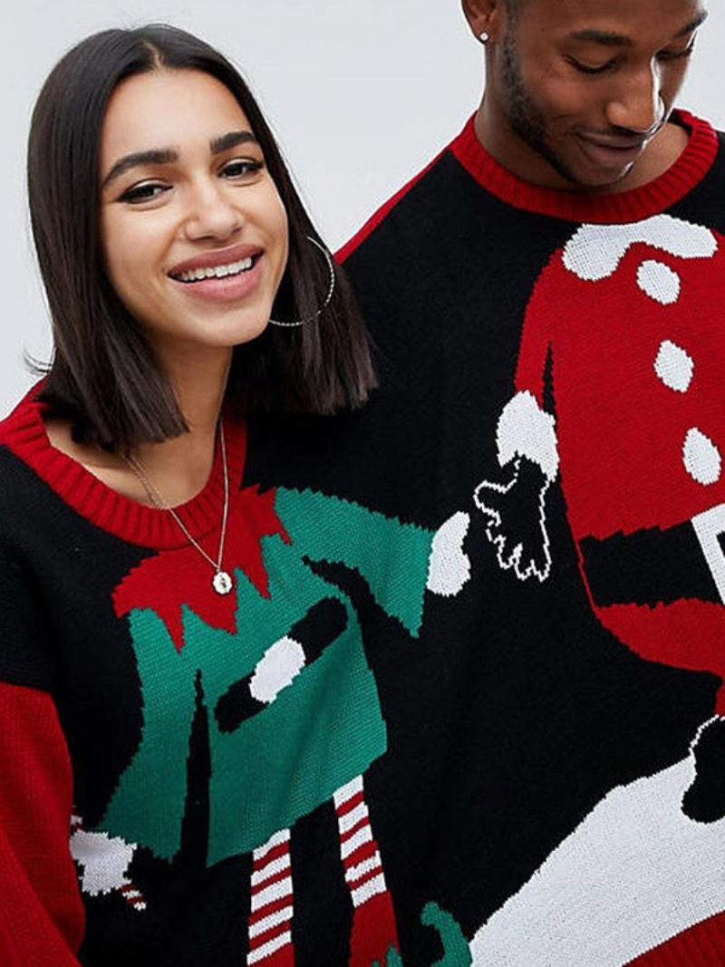 Pull À Manches Longues Et Col Côtelé Pour Femme Motif Noël - Rouge