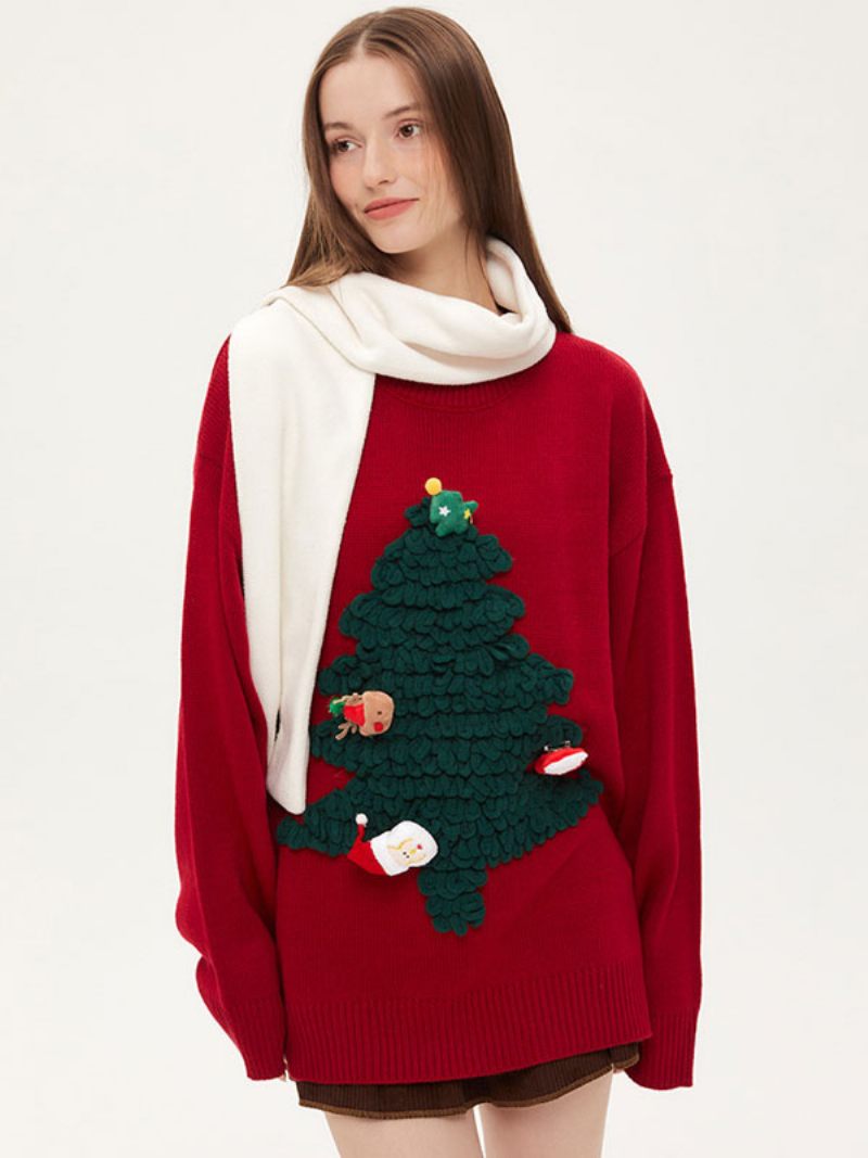 Pull Moche Pour Femmes Col Rond Manches Longues Arbre Noël Couple - Rouge