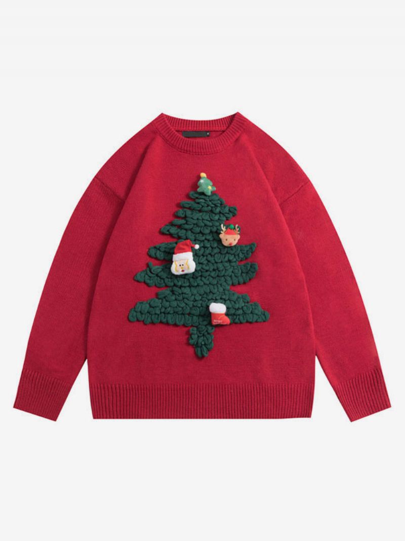 Pull Moche Pour Femmes Col Rond Manches Longues Arbre Noël Couple - Rouge