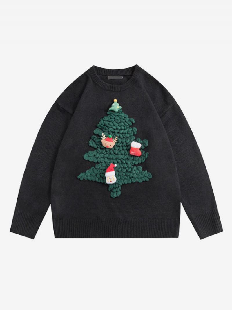 Pull Moche Pour Femmes Col Rond Manches Longues Arbre Noël Couple - Noir