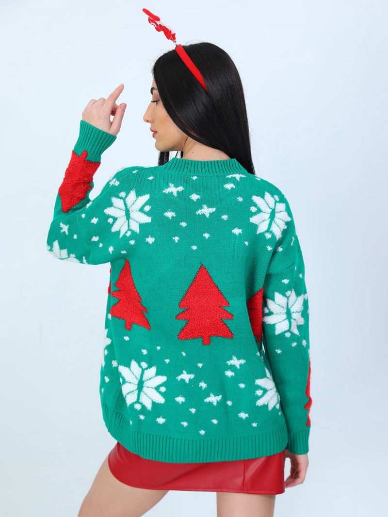 Pull À Motif Noël Côtelé Col Rond Et Manches Longues Pour Femme - Vert