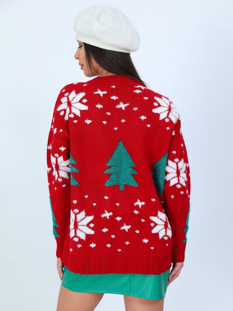 Pull À Motif Noël Côtelé Col Rond Et Manches Longues Pour Femme - Rouge