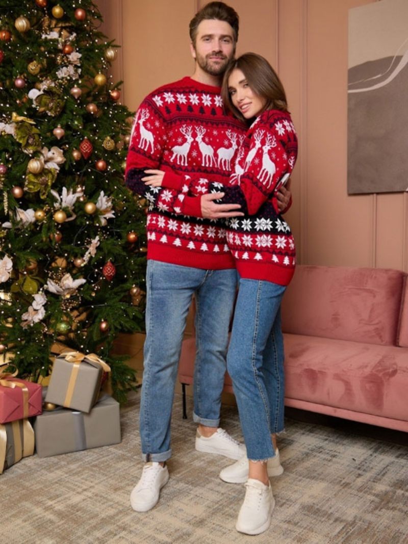 Pull À Motif Noël Pour Femmes Col Rond Manches Longues Pulls Couple - Rouge