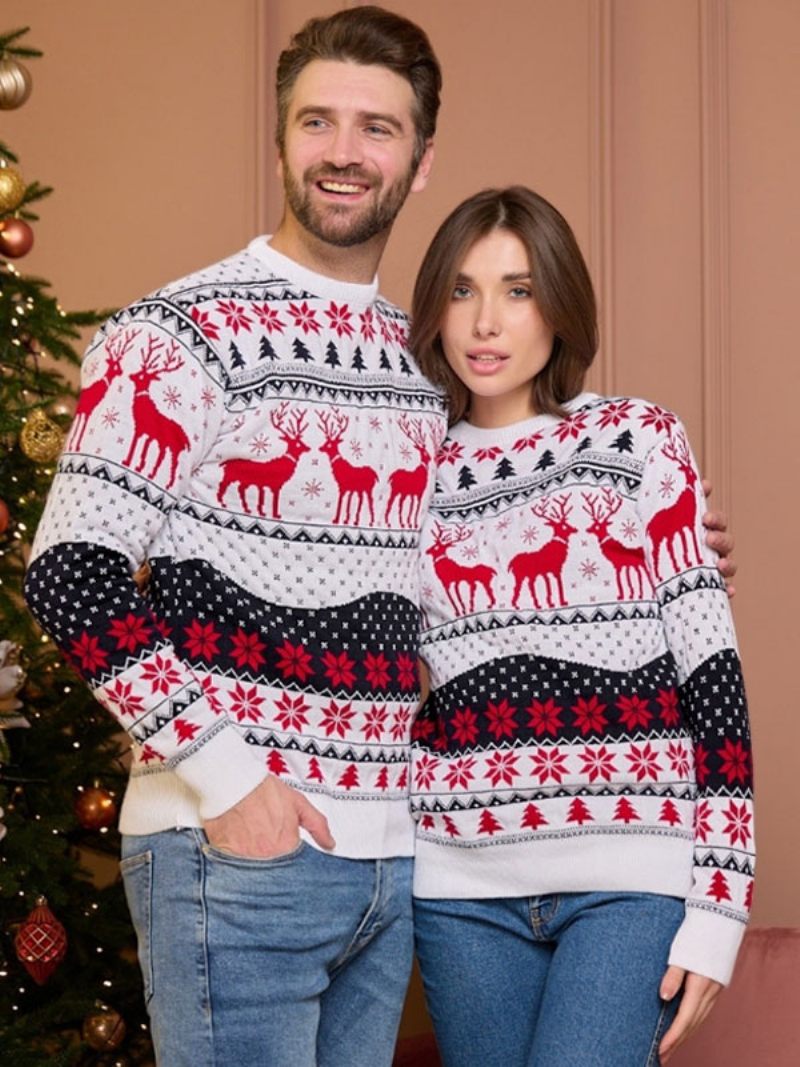 Pull À Motif Noël Pour Femmes Col Rond Manches Longues Pulls Couple - Blanc