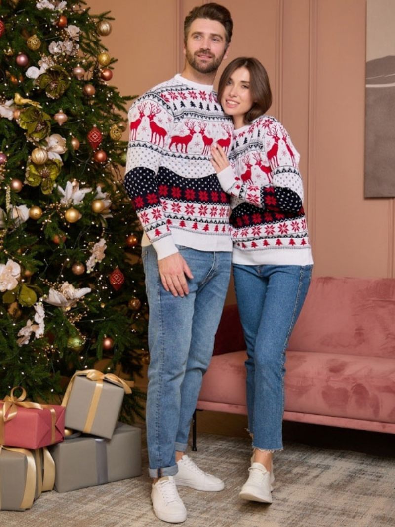 Pull À Motif Noël Pour Femmes Col Rond Manches Longues Pulls Couple - Blanc