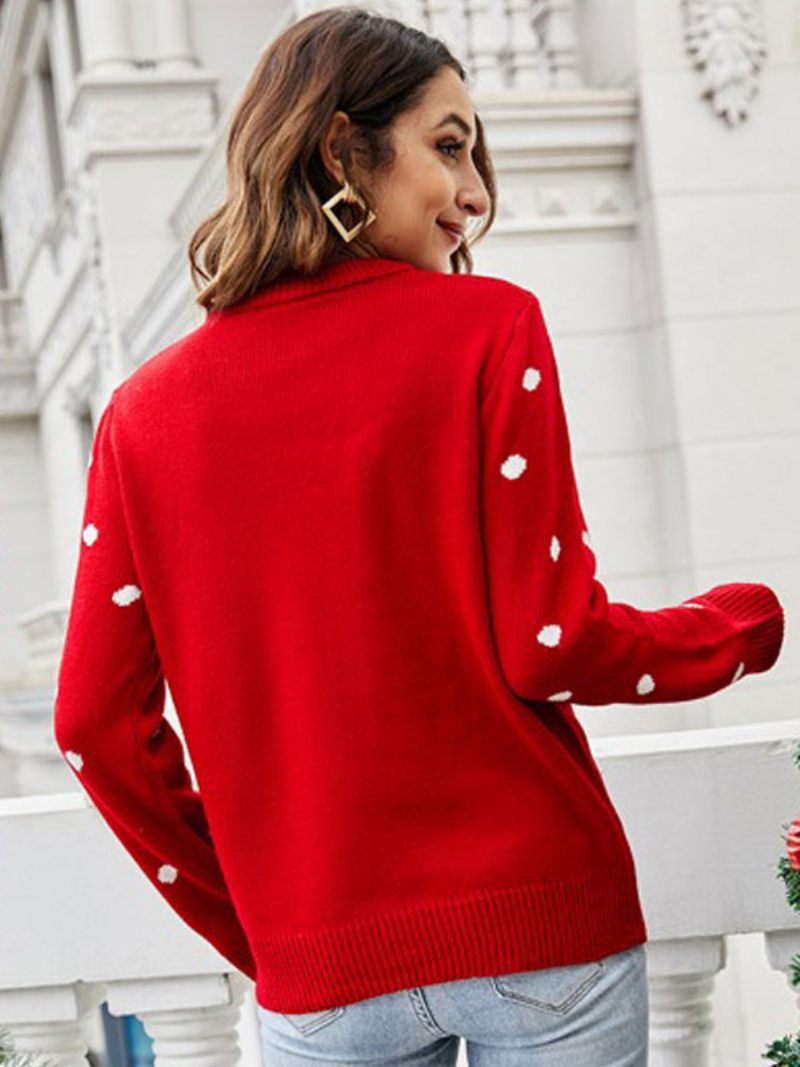 Pull Noël Laid Col Rond Manches Longues Tricoté Pour Femme - Rouge