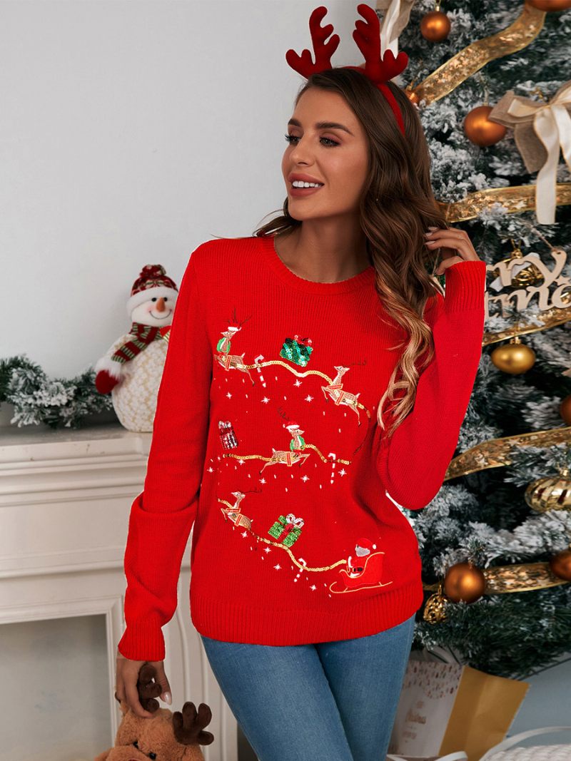 Pull À Paillettes Col Rond Et Motif Noël Pour Femme - Bourgogne