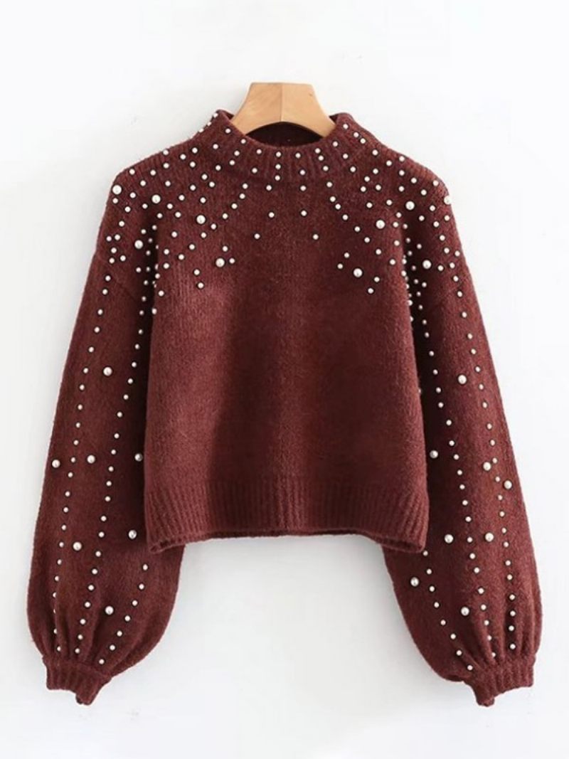 Pull À Perles Avec Épaules Tombantes Et Manches Lanternes Pour Femme - Bourgogne