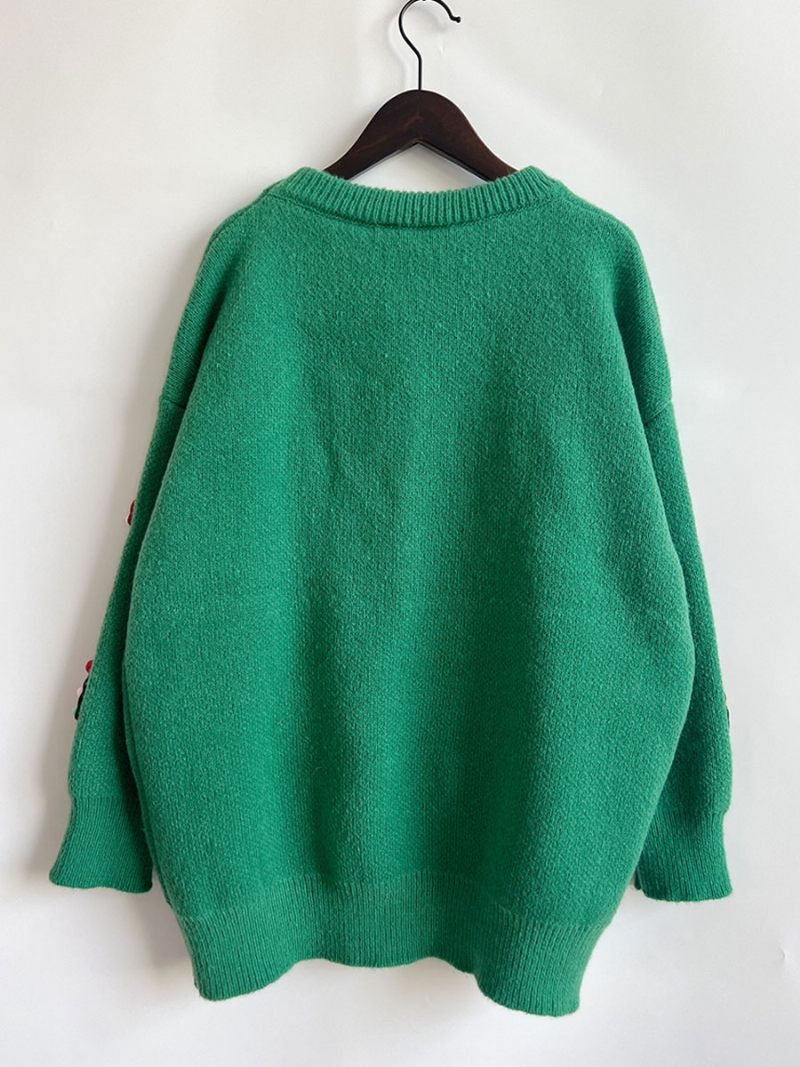 Pull À Pompons Pour Femme Col Rond Manches Longues Bordure Côtelée Poignets - Vert