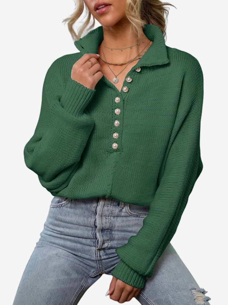 Pull Tricoté Pour Femmes Boutons Manches Longues Poignets Côtelés Simple - Vert